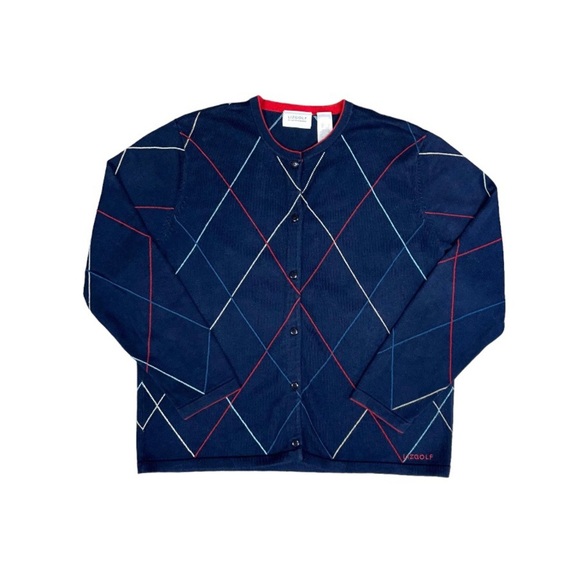 Liz Clairborne‎  Golf Cardigan Women's Size Large Navy Red Argyle Cotton Vintage - Picture 1 of 6